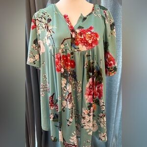 Allegrace-Women Aqua Floral Short Sleeve Blouse Size 3X